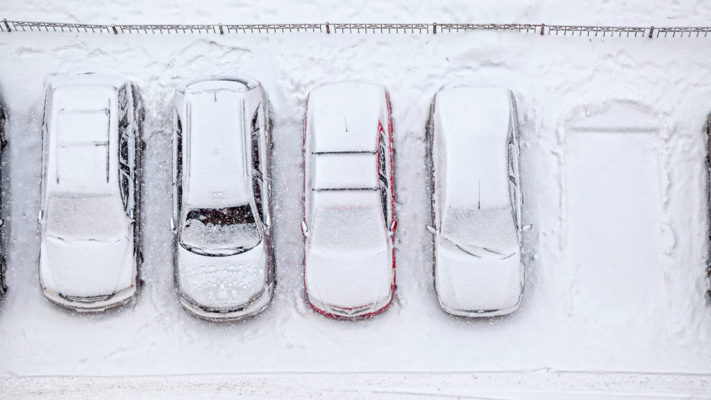 Parked cars covered in snow.