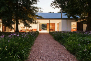 Gravel walkway leading to a modern house.