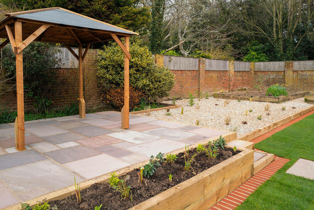 Newly finished gravel garden where the plants are not established, yet.